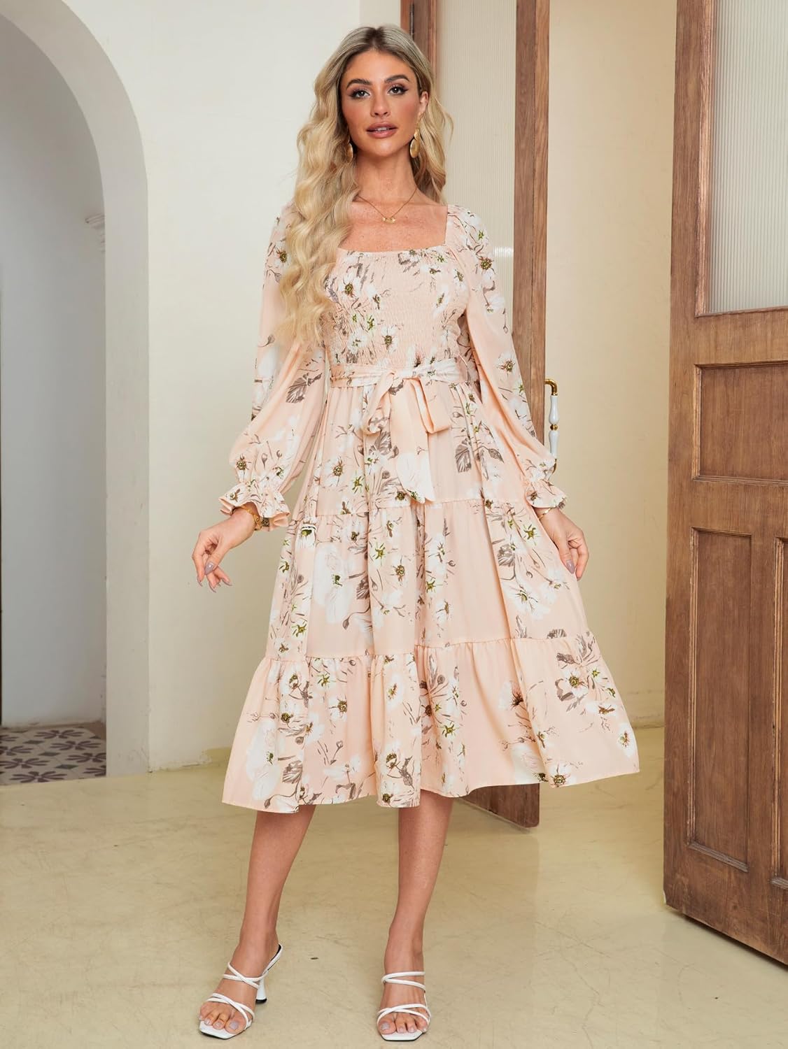Floral Shirred Tie Waist Ruffle Hem Midi Dress - Floral Peach