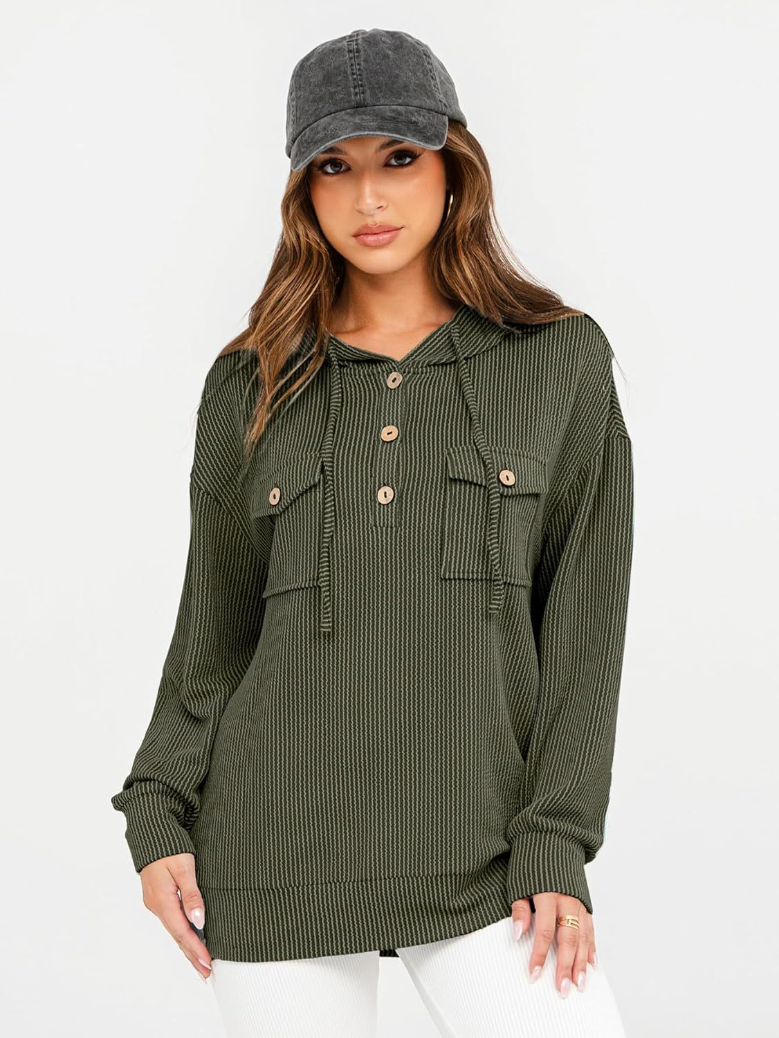Striped Oversized Hoodie Pullover with Pocket - Army Green
