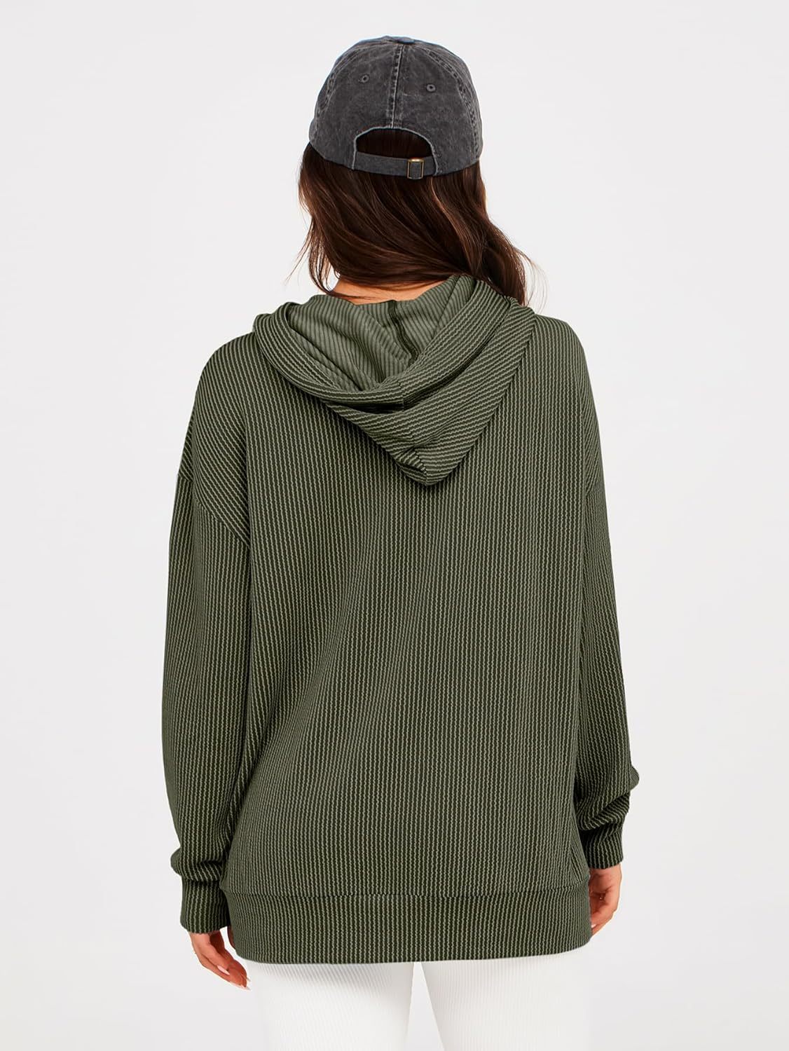 Striped Oversized Hoodie Pullover with Pocket - Army Green