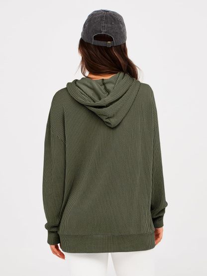 Striped Oversized Hoodie Pullover with Pocket - Army Green