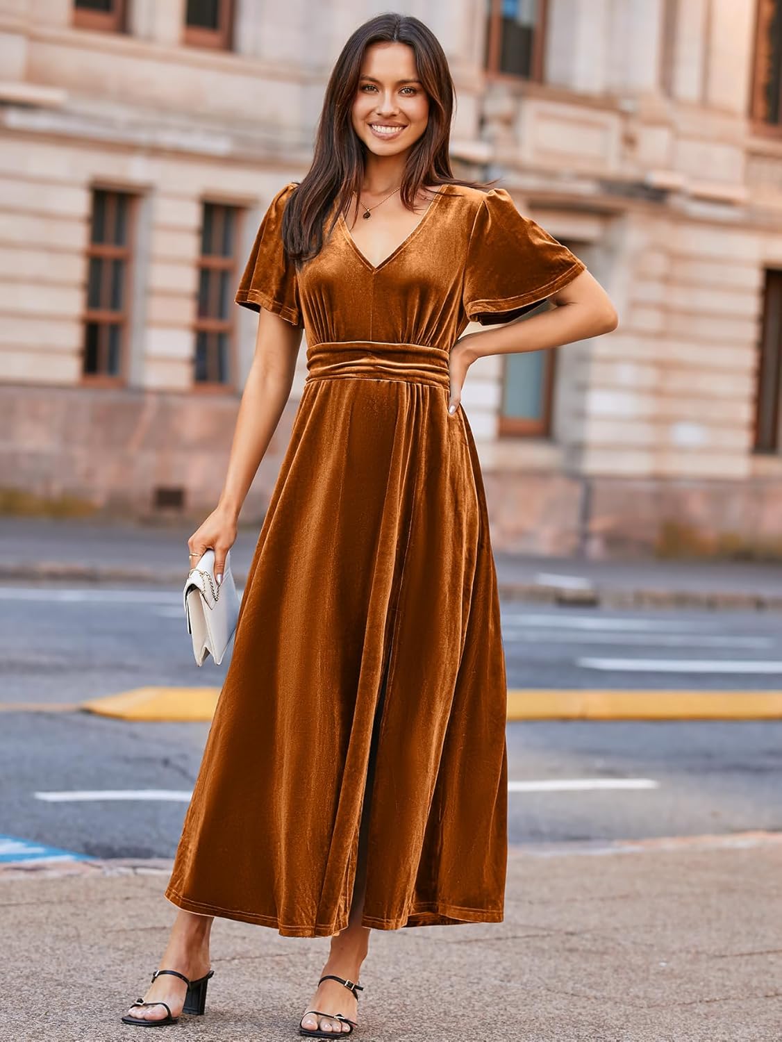 Elegant Velvet V-Neck Slit Ruffle Sleeve Maxi Dress - Burnt Orange