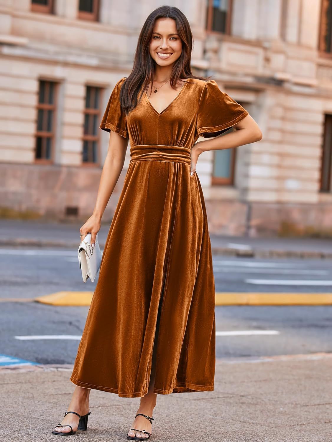 Elegant Velvet V-Neck Slit Ruffle Sleeve Maxi Dress - Burnt Orange