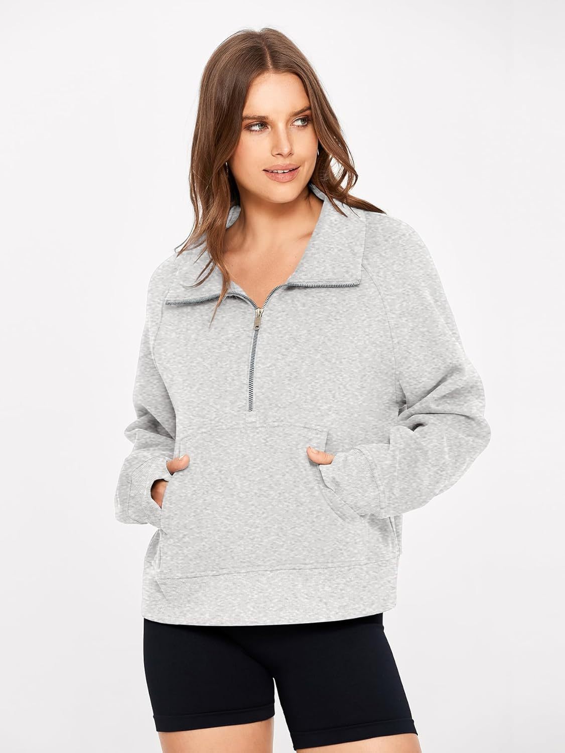 Half Zip Fleece Pullover Sweatshirt with Pockets - Light Grey