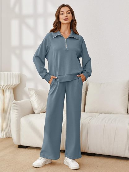 Oversized Half Zip Sweatshirt Wide Leg Pants Set - Grey Blue