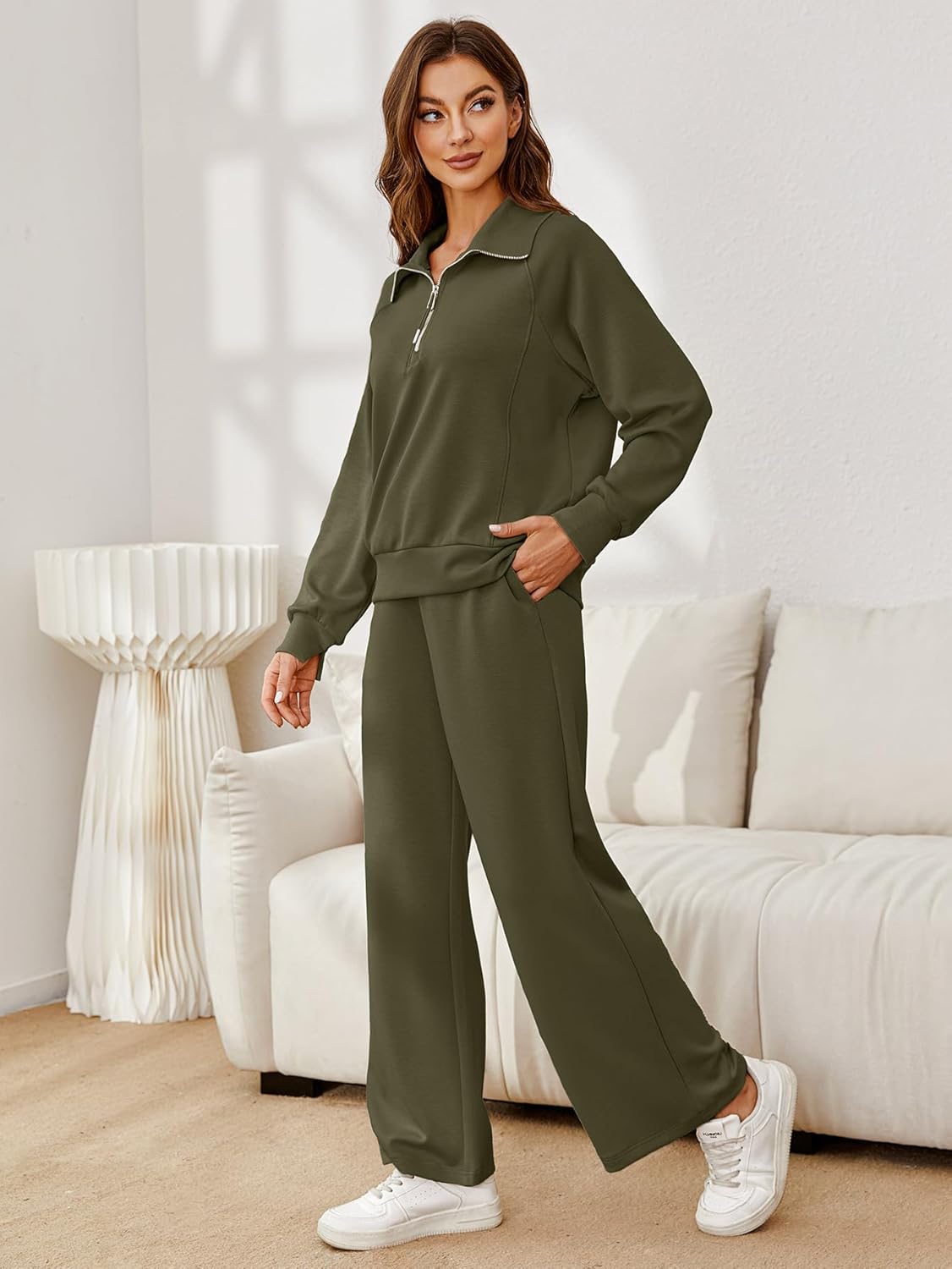 Glamaker Womens 2 Piece Outfits Sweatsuit Set Oversized Half Zip Sweatshirt Wide Leg Sweatpants Lounge Set Tracksuit