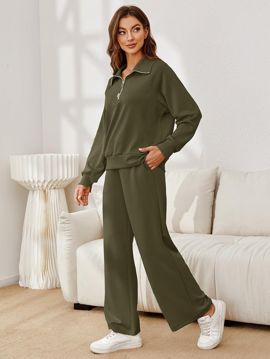 Glamaker Womens 2 Piece Outfits Sweatsuit Set Oversized Half Zip Sweatshirt Wide Leg Sweatpants Lounge Set Tracksuit