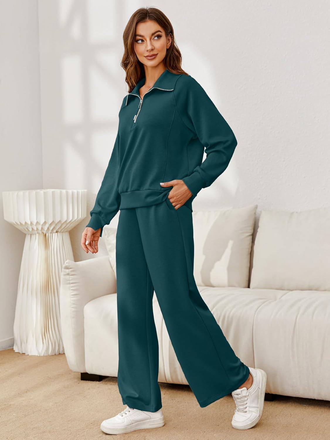 Glamaker Womens 2 Piece Outfits Sweatsuit Set Oversized Half Zip Sweatshirt Wide Leg Sweatpants Lounge Set Tracksuit