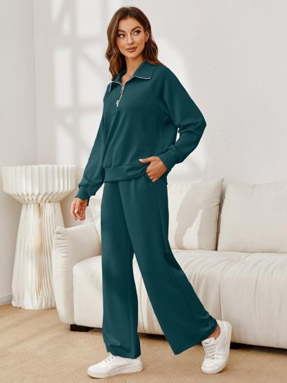 Glamaker Womens 2 Piece Outfits Sweatsuit Set Oversized Half Zip Sweatshirt Wide Leg Sweatpants Lounge Set Tracksuit