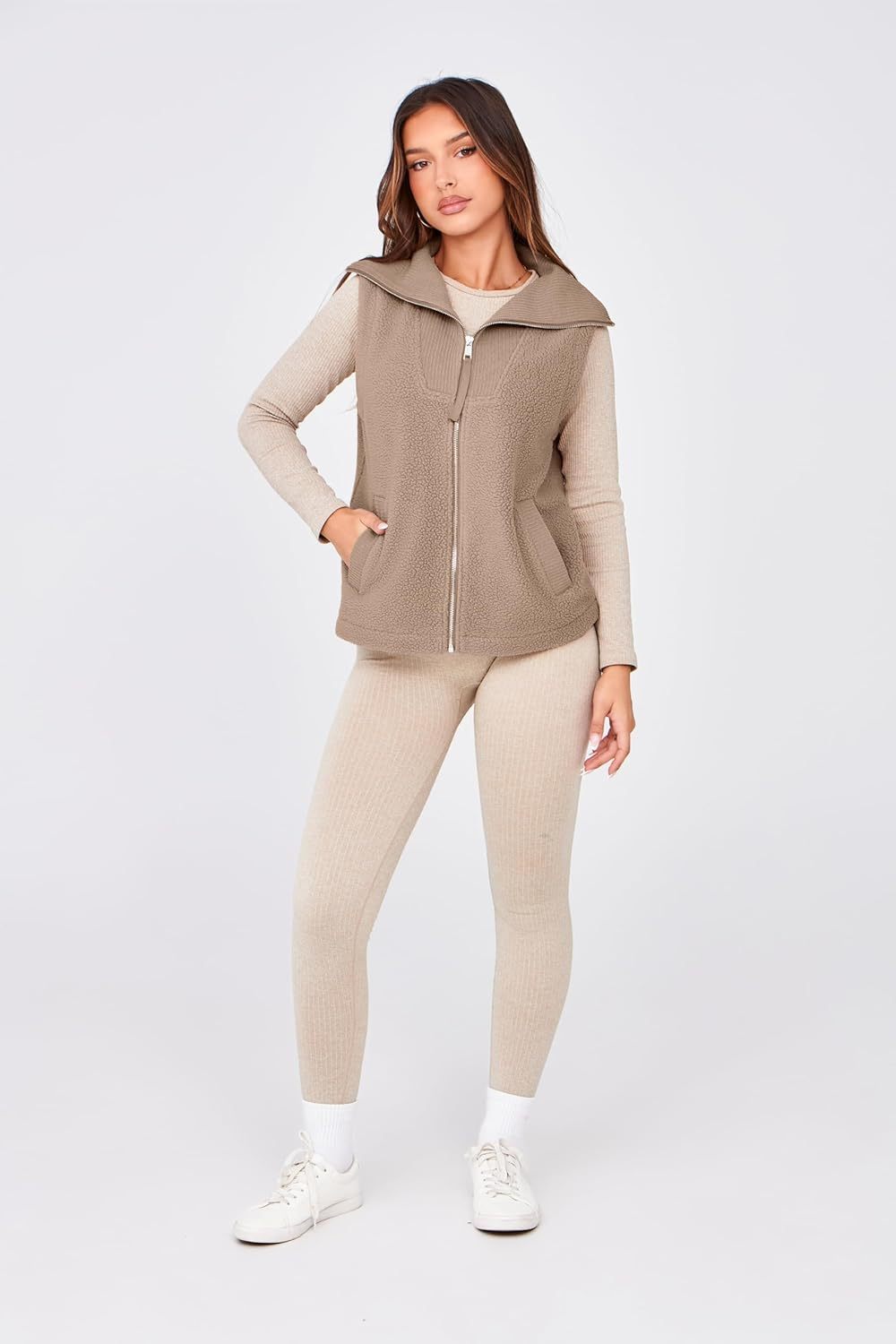 Fuzzy Sleeveless Zip Up Sherpa Vest with Pockets - Grey Khaki