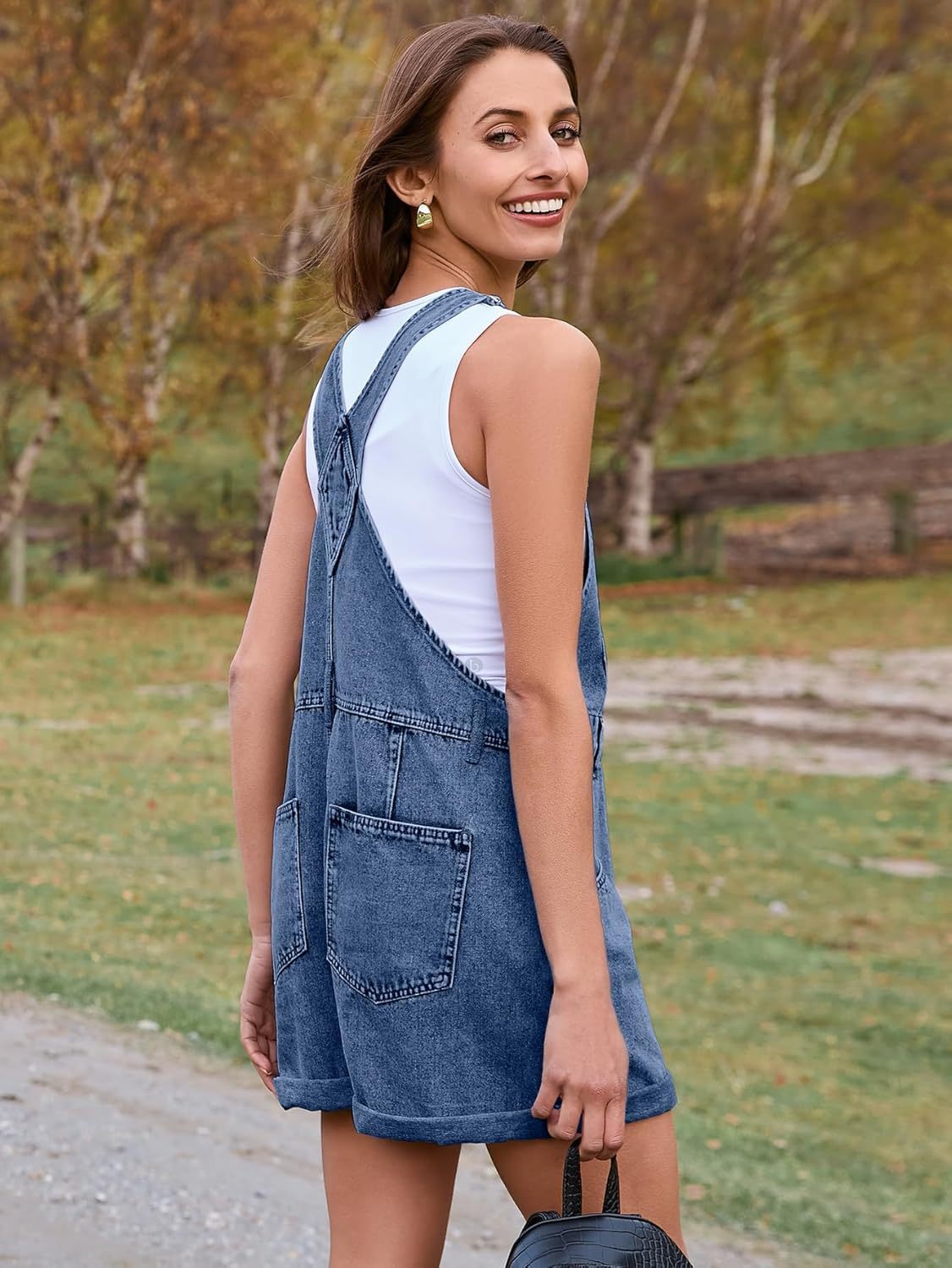 Casual Loose Fit Denim Romper with Pockets - Denim Deep Blue