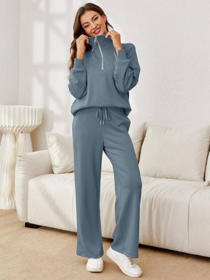 Glamaker Womens 2 Piece Outfits Sweatsuit Set Oversized Half Zip Sweatshirt Wide Leg Sweatpants Lounge Set Tracksuit