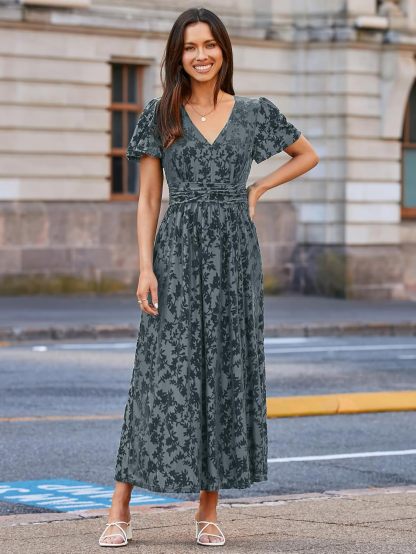Velvet Floral Slit V-Neck Flutter Sleeve Maxi Dress - Dusty Blue