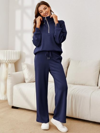 Glamaker Womens 2 Piece Outfits Sweatsuit Set Oversized Half Zip Sweatshirt Wide Leg Sweatpants Lounge Set Tracksuit