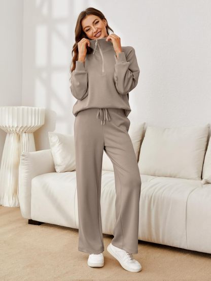 Glamaker Womens 2 Piece Outfits Sweatsuit Set Oversized Half Zip Sweatshirt Wide Leg Sweatpants Lounge Set Tracksuit