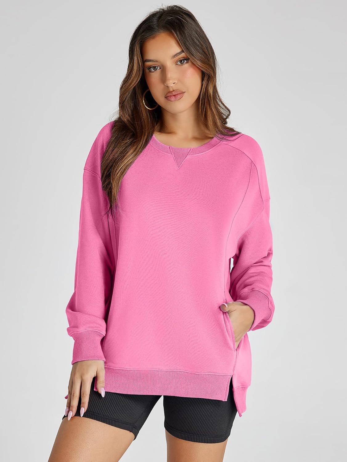 Oversized Crew Neck Pullover with Pockets - Pink