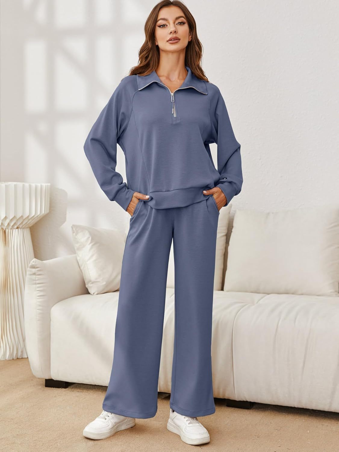 Oversized Half Zip Sweatshirt Wide Leg Pants Set - Blue Purple