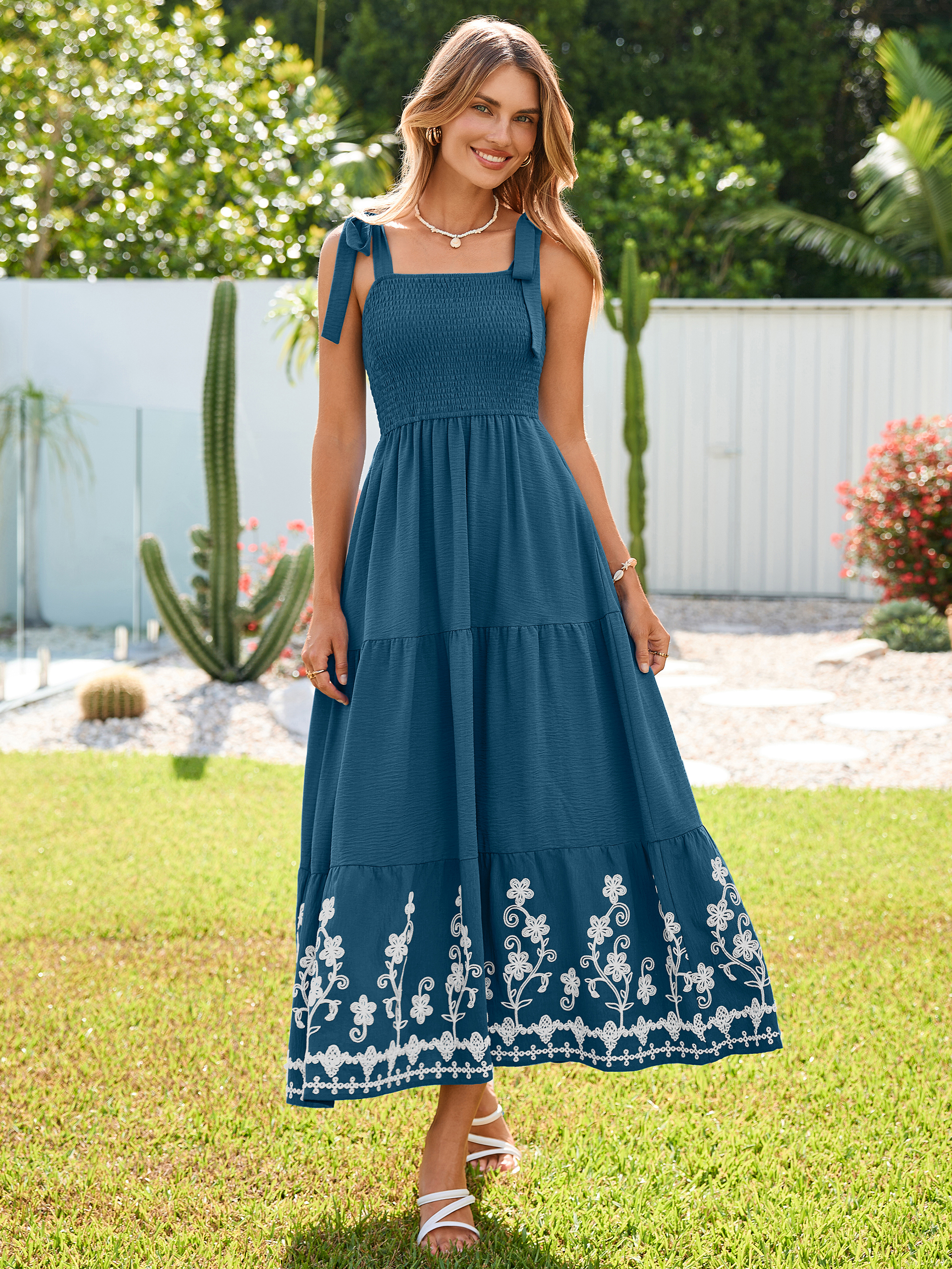 Floral Embroidery Smocked Tie Shoulder Maxi Dress - Ink Blue