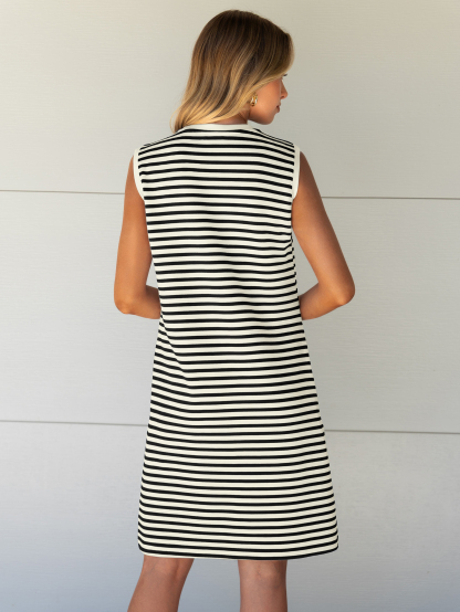 Striped Sleeveless Round Neck Mini Dress - White Black Stripe