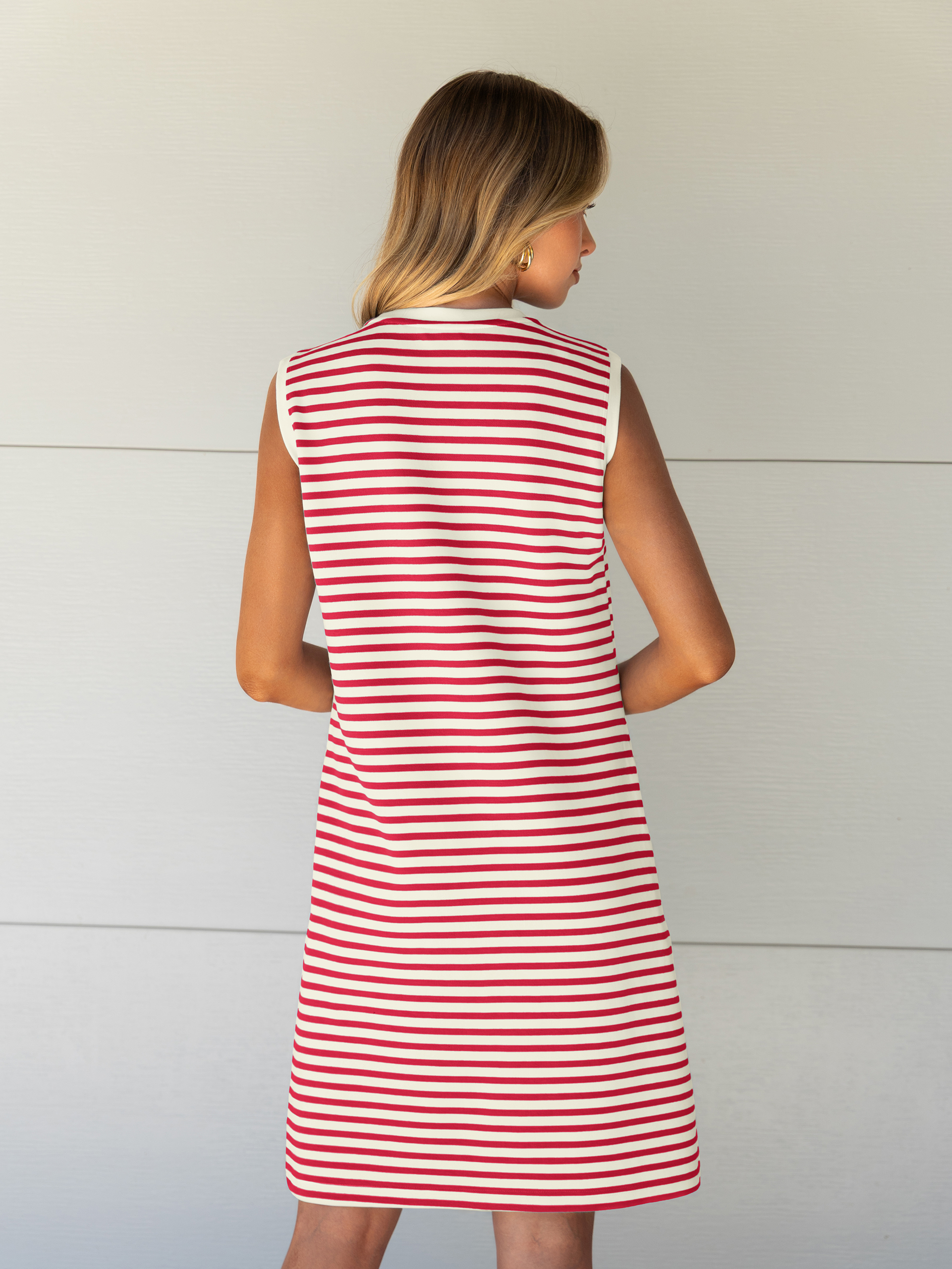 Striped Sleeveless Round Neck Mini Dress - White Red Stripe