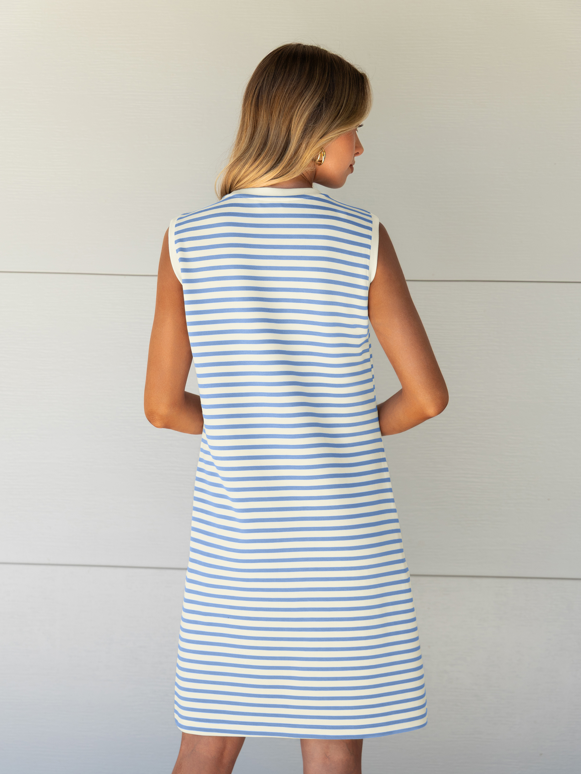 Striped Sleeveless Round Neck Mini Dress - White Blue Stripe
