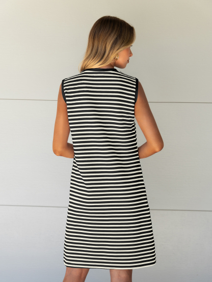 Striped Sleeveless Round Neck Mini Dress - Black White Stripe