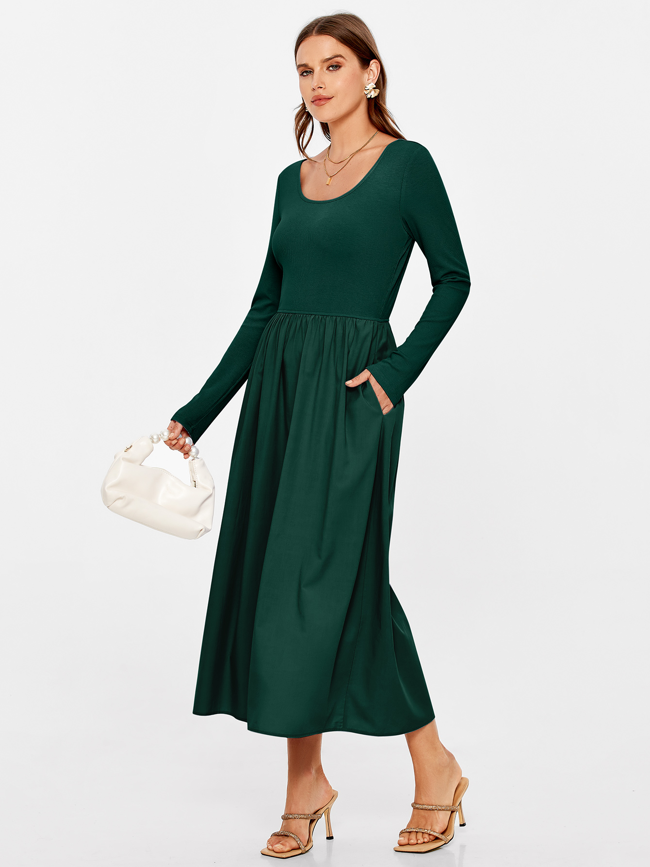 Knit Long Sleeve Midi Dress with Side Pockets