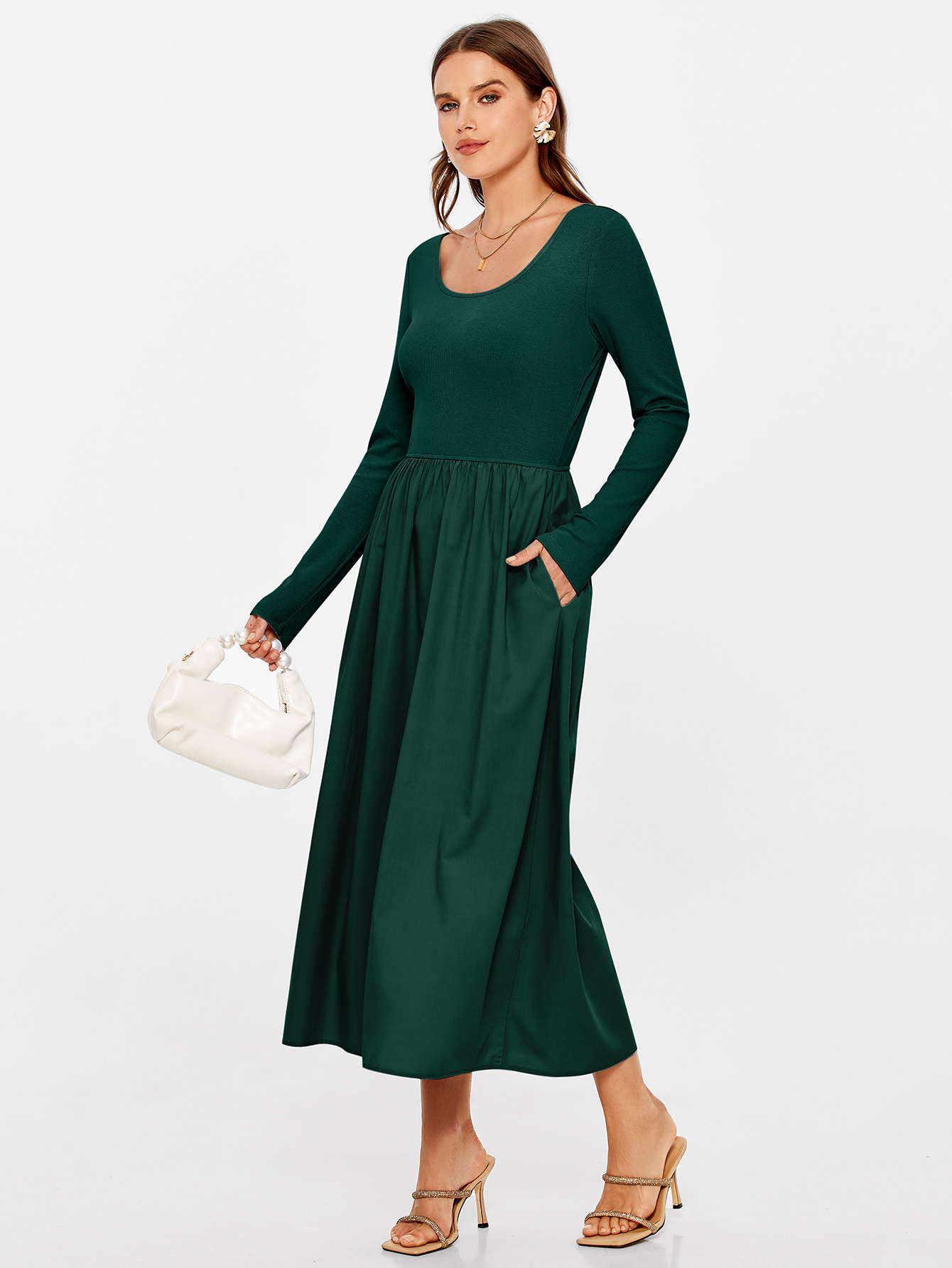 Knit Long Sleeve Midi Dress with Side Pockets