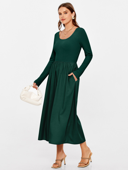 Knit Long Sleeve Midi Dress with Side Pockets