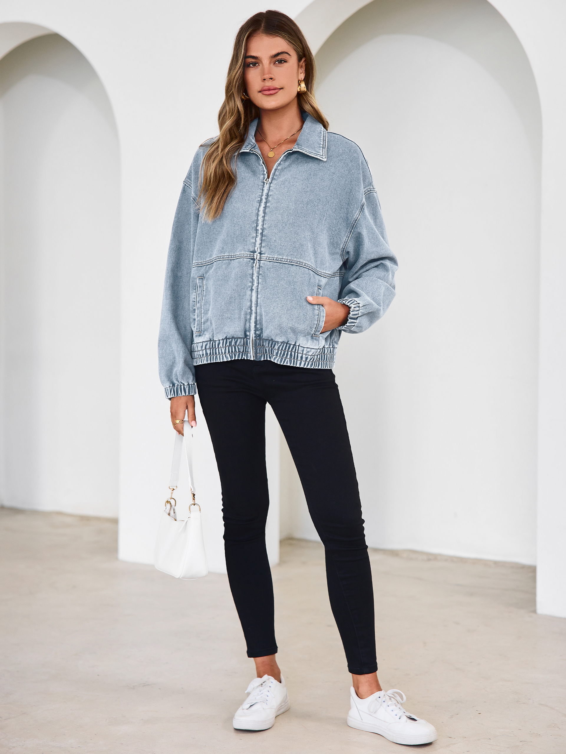 Classic Zip-Up Denim Bomber Jacket with Pockets