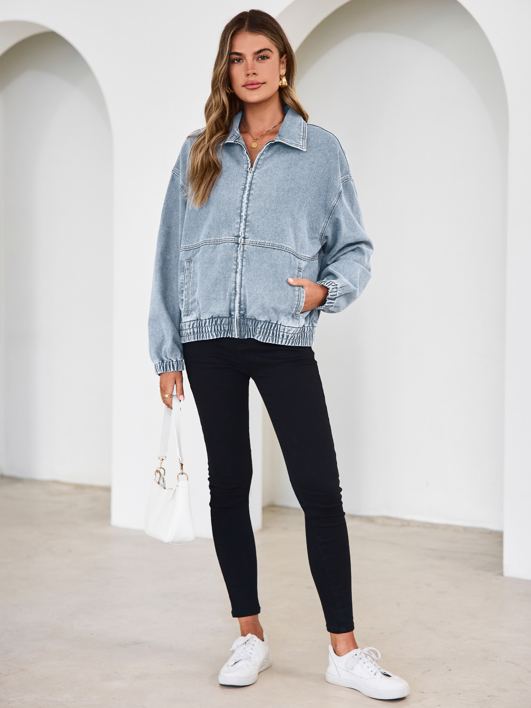 Classic Zip-Up Denim Bomber Jacket with Pockets