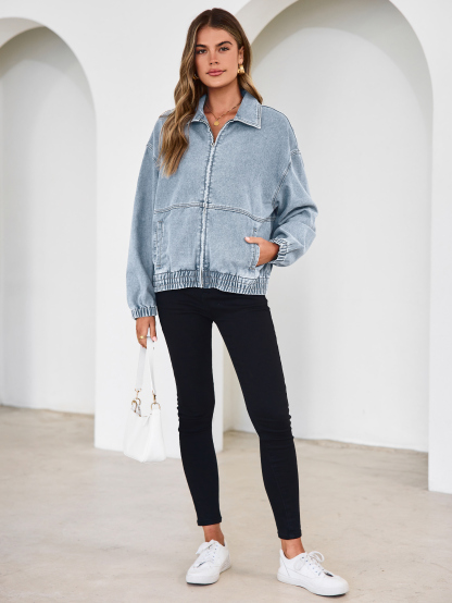 Classic Zip-Up Denim Bomber Jacket with Pockets