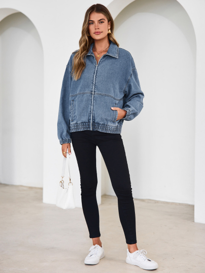 Classic Zip-Up Denim Bomber Jacket with Pockets