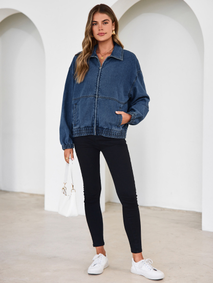 Classic Zip-Up Denim Bomber Jacket with Pockets