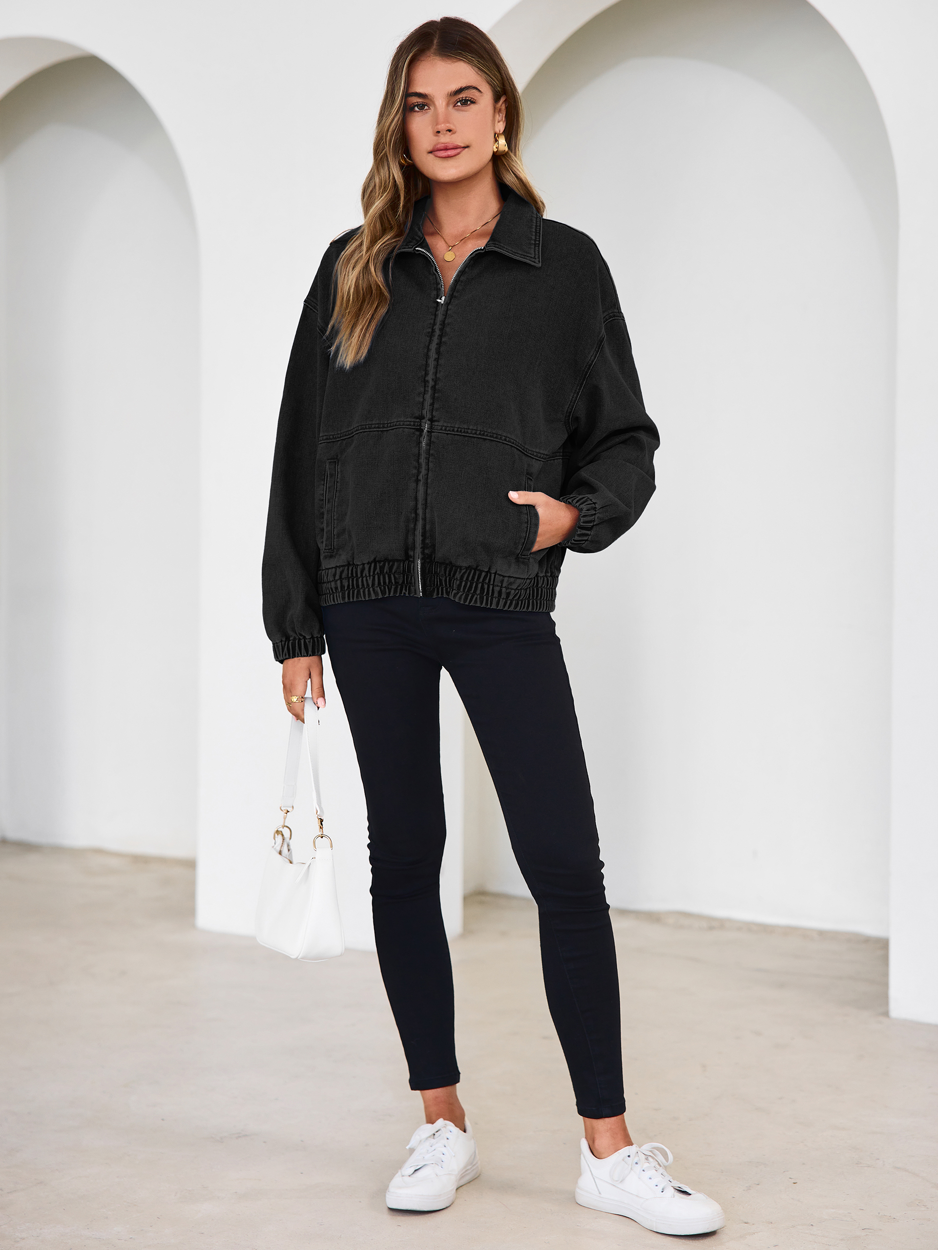 Classic Zip-Up Denim Bomber Jacket with Pockets