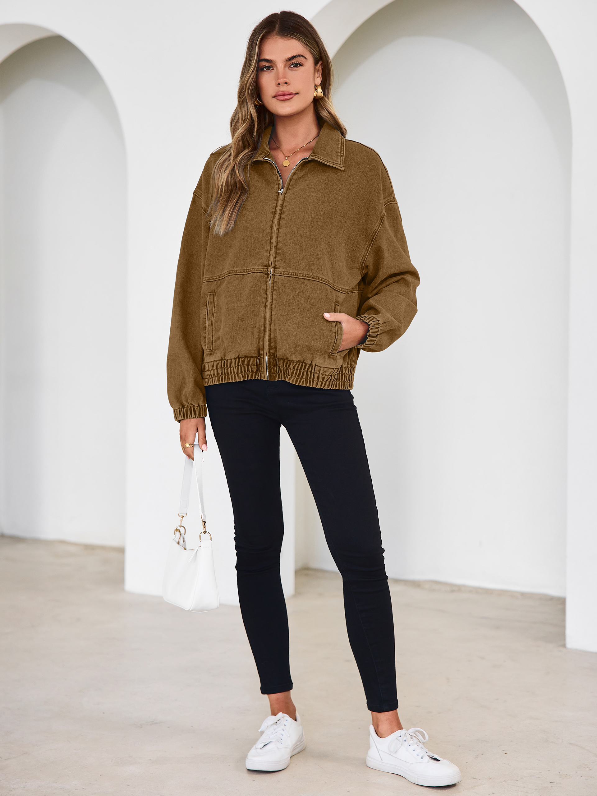 Classic Zip-Up Denim Bomber Jacket with Pockets