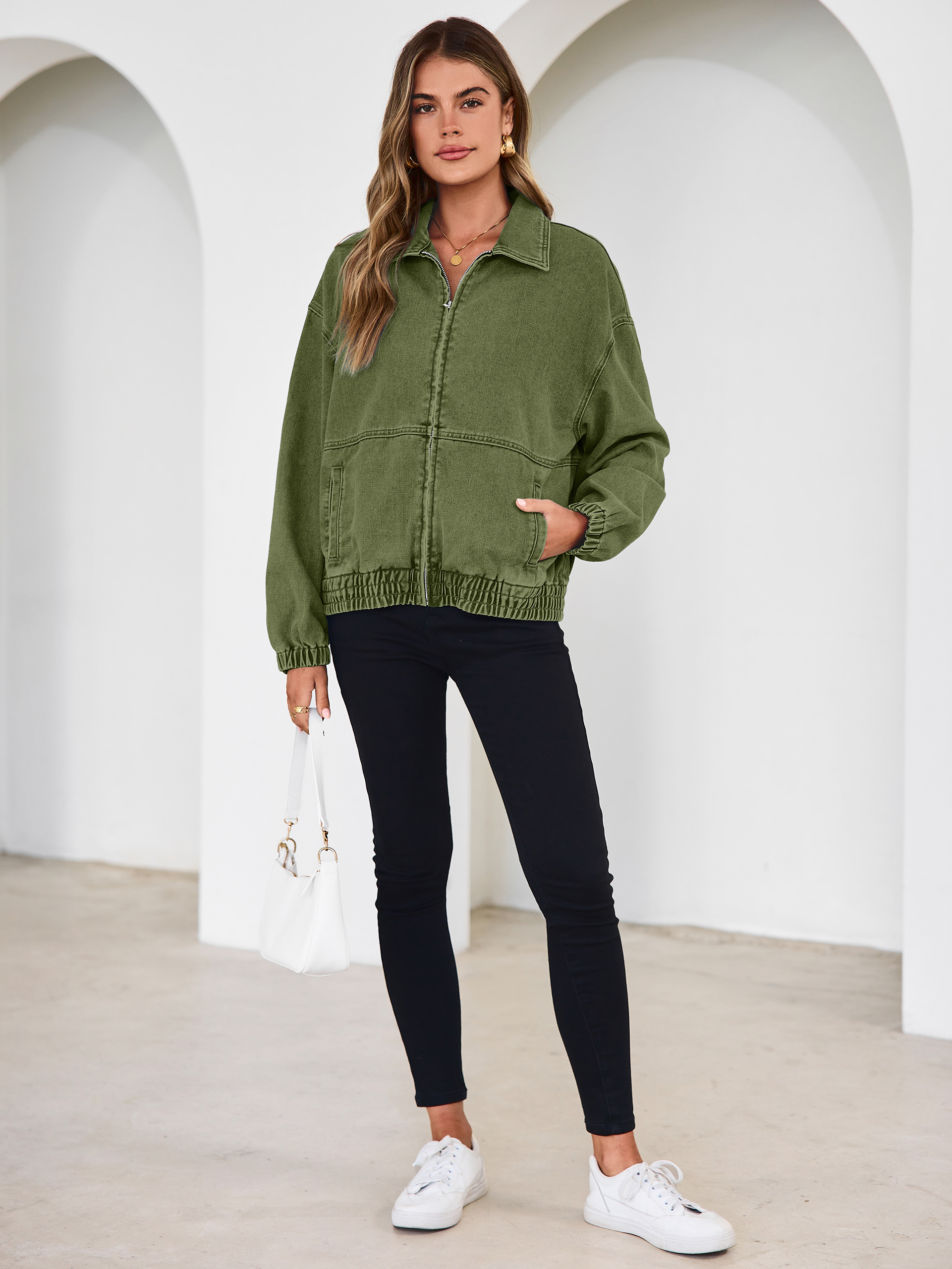 Classic Zip-Up Denim Bomber Jacket with Pockets