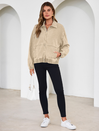 Classic Zip-Up Denim Bomber Jacket with Pockets