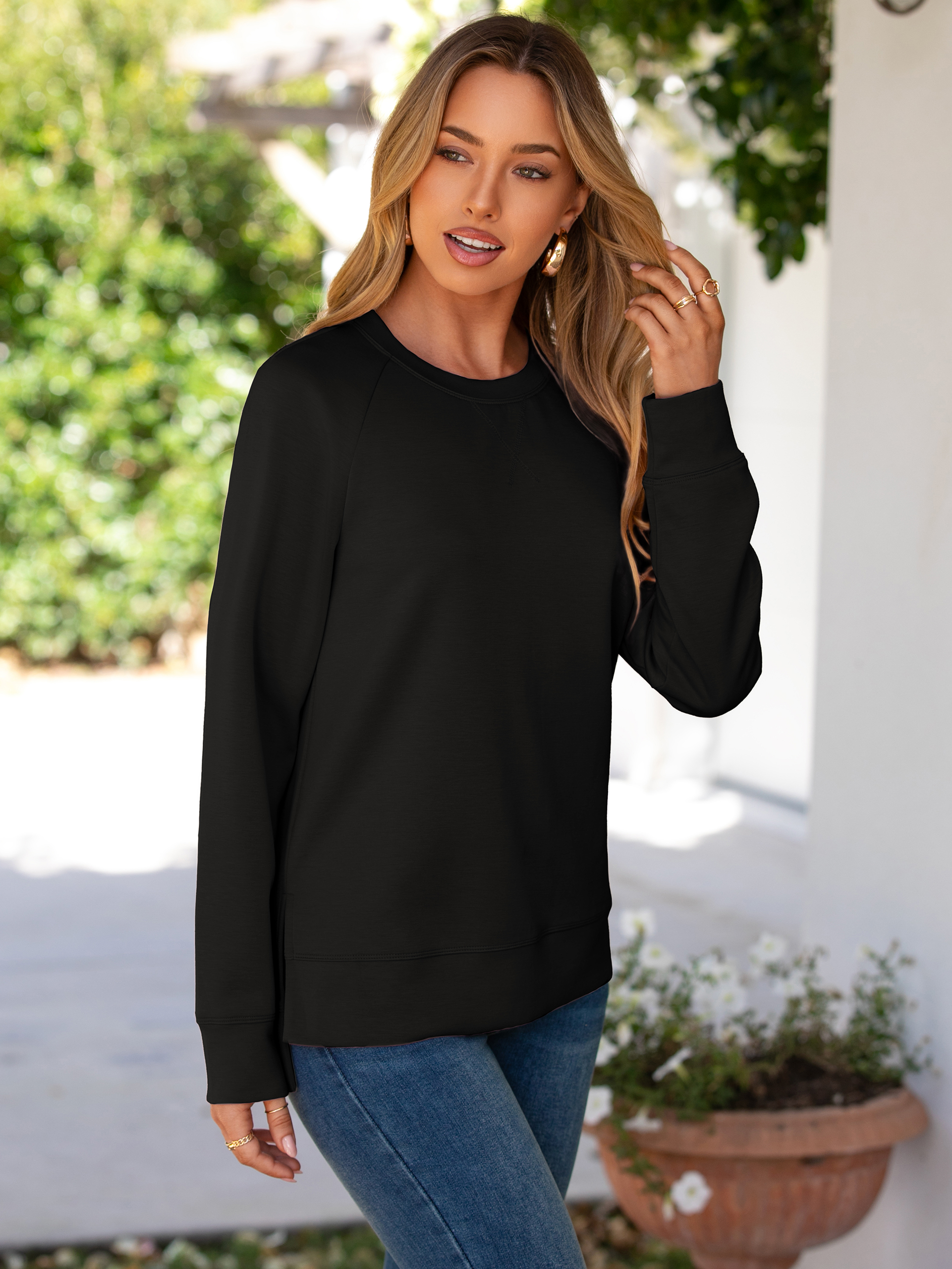 Solid Crewneck Raglan Long Sleeve Sweatshirt