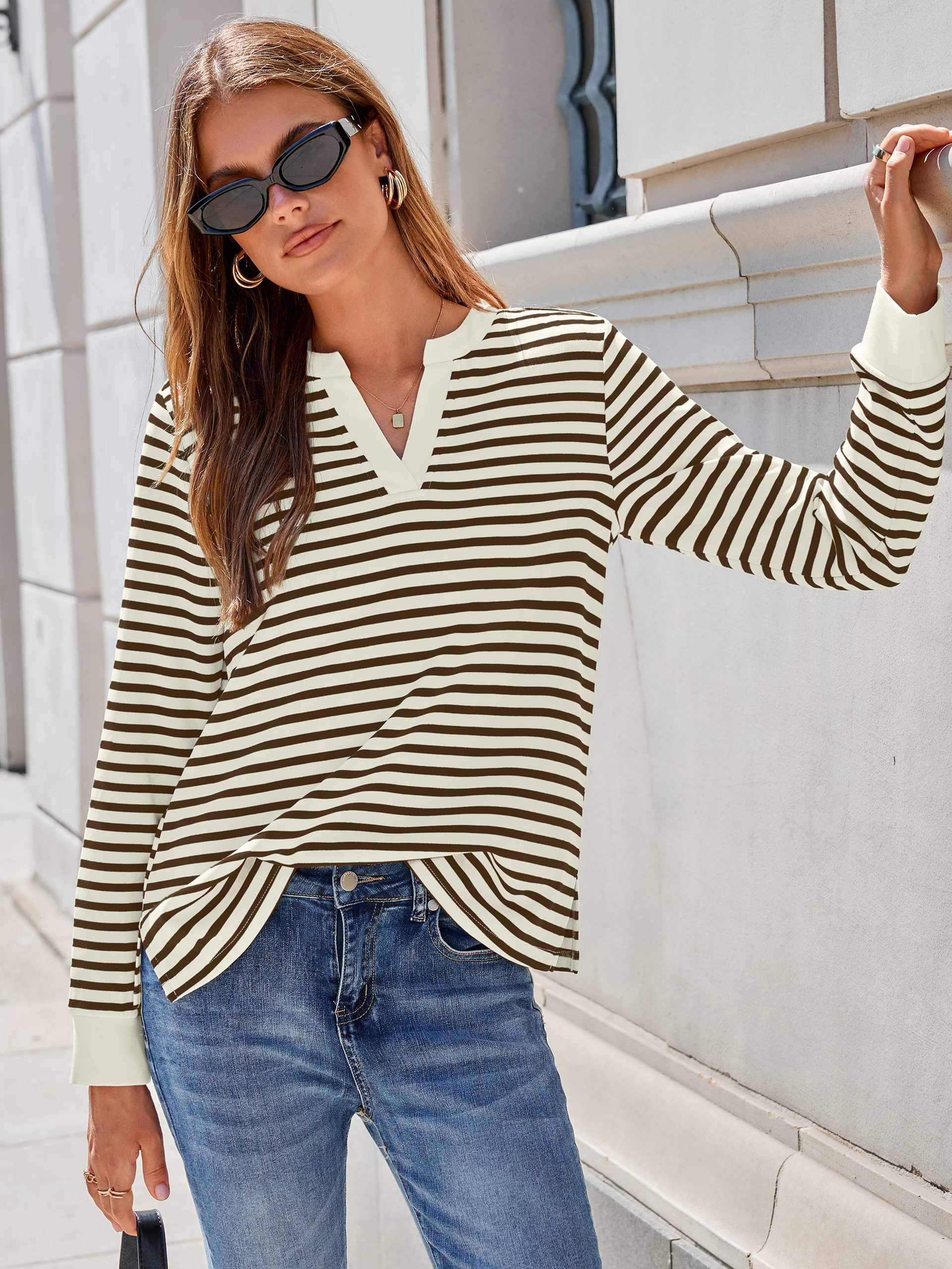 Striped Notch Neck Long Sleeve T-Shirt