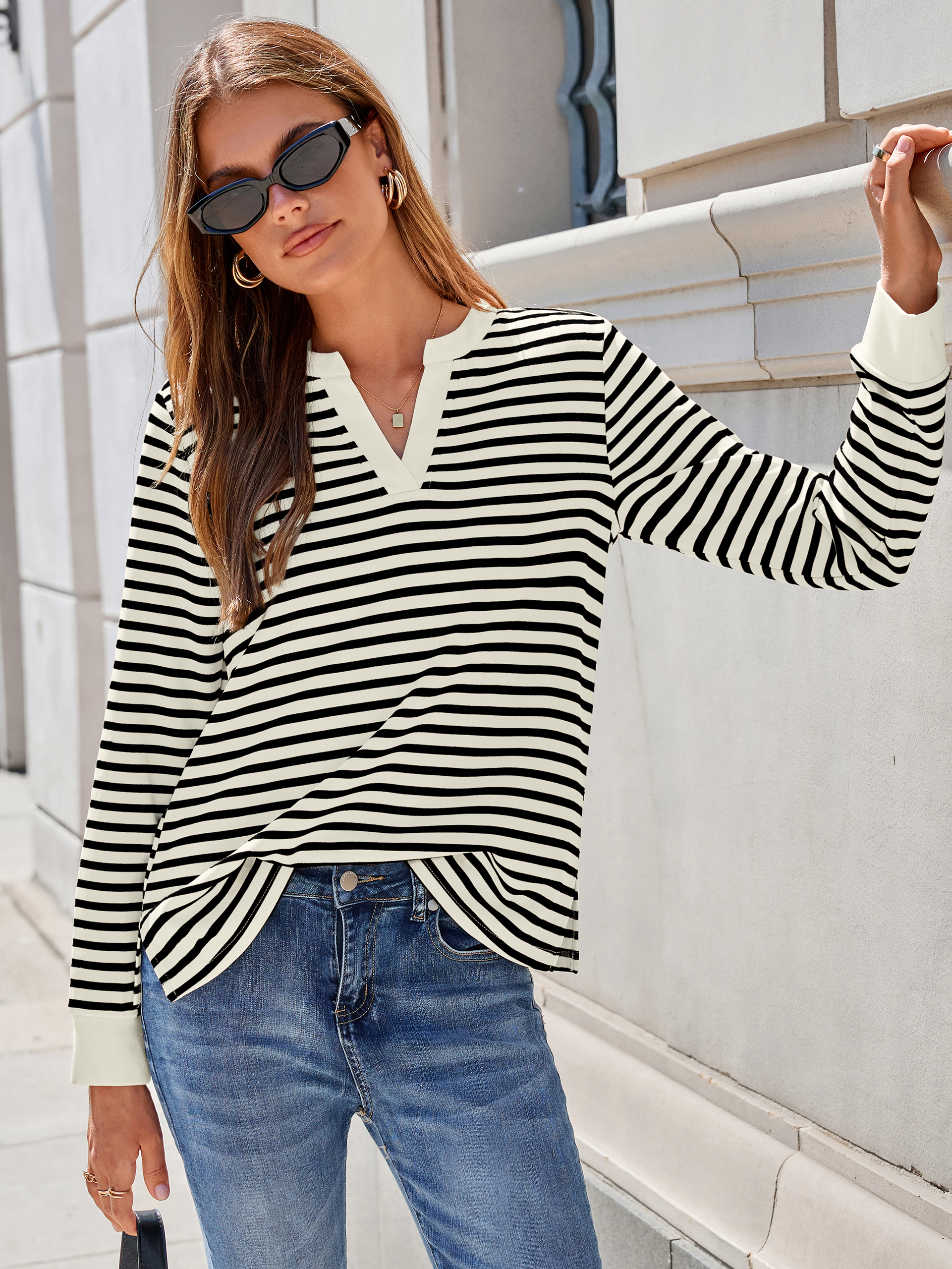 Striped Notch Neck Long Sleeve T-Shirt