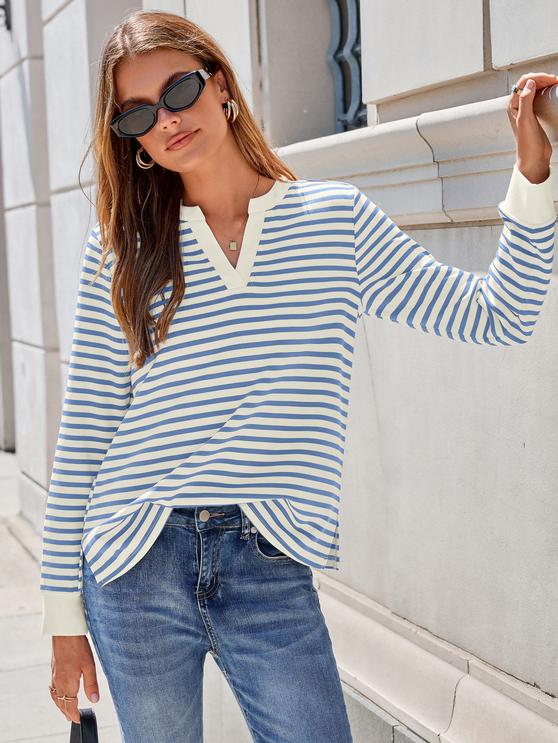 Striped Notch Neck Long Sleeve T-Shirt