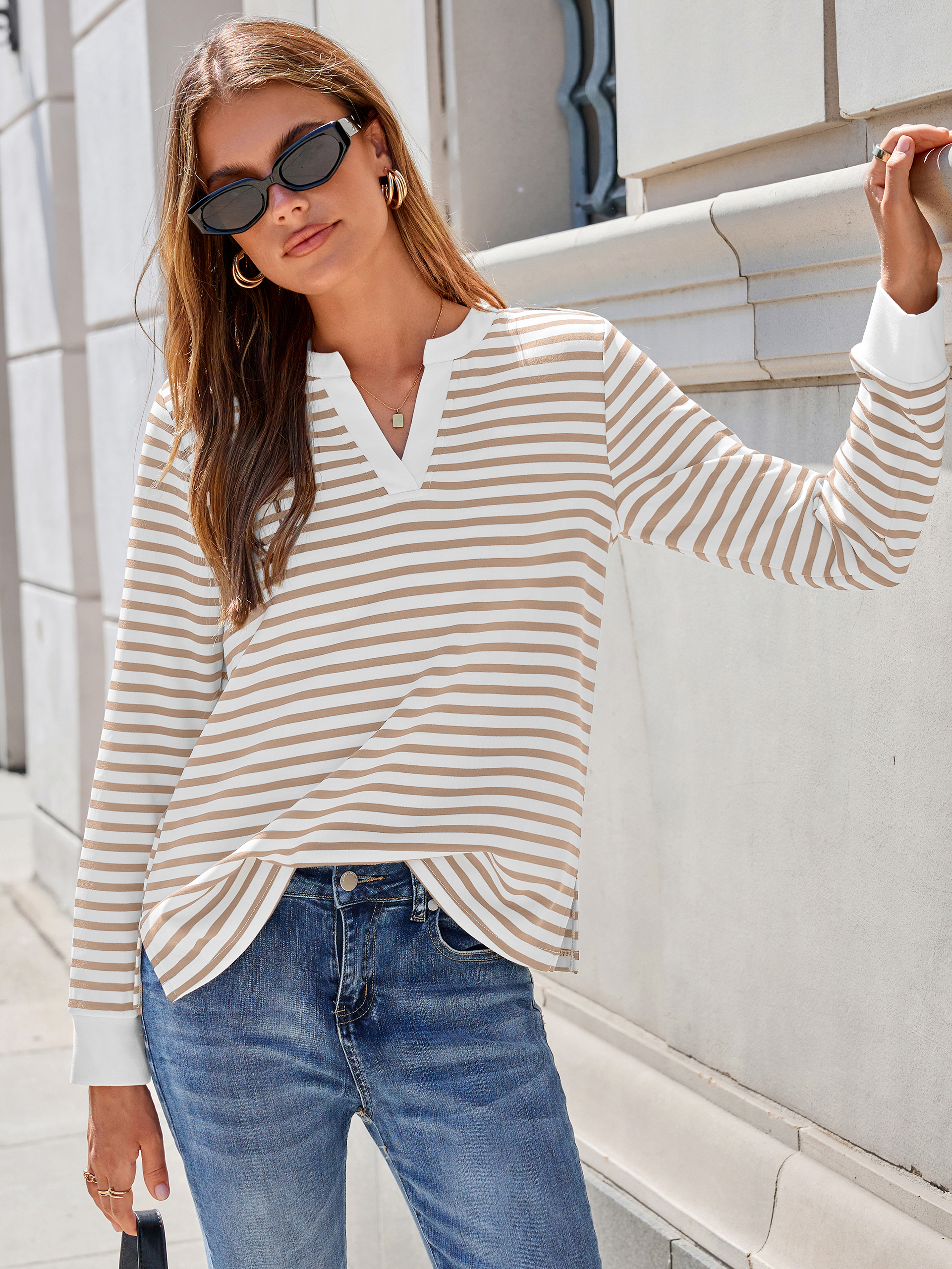 Striped Notch Neck Long Sleeve T-Shirt