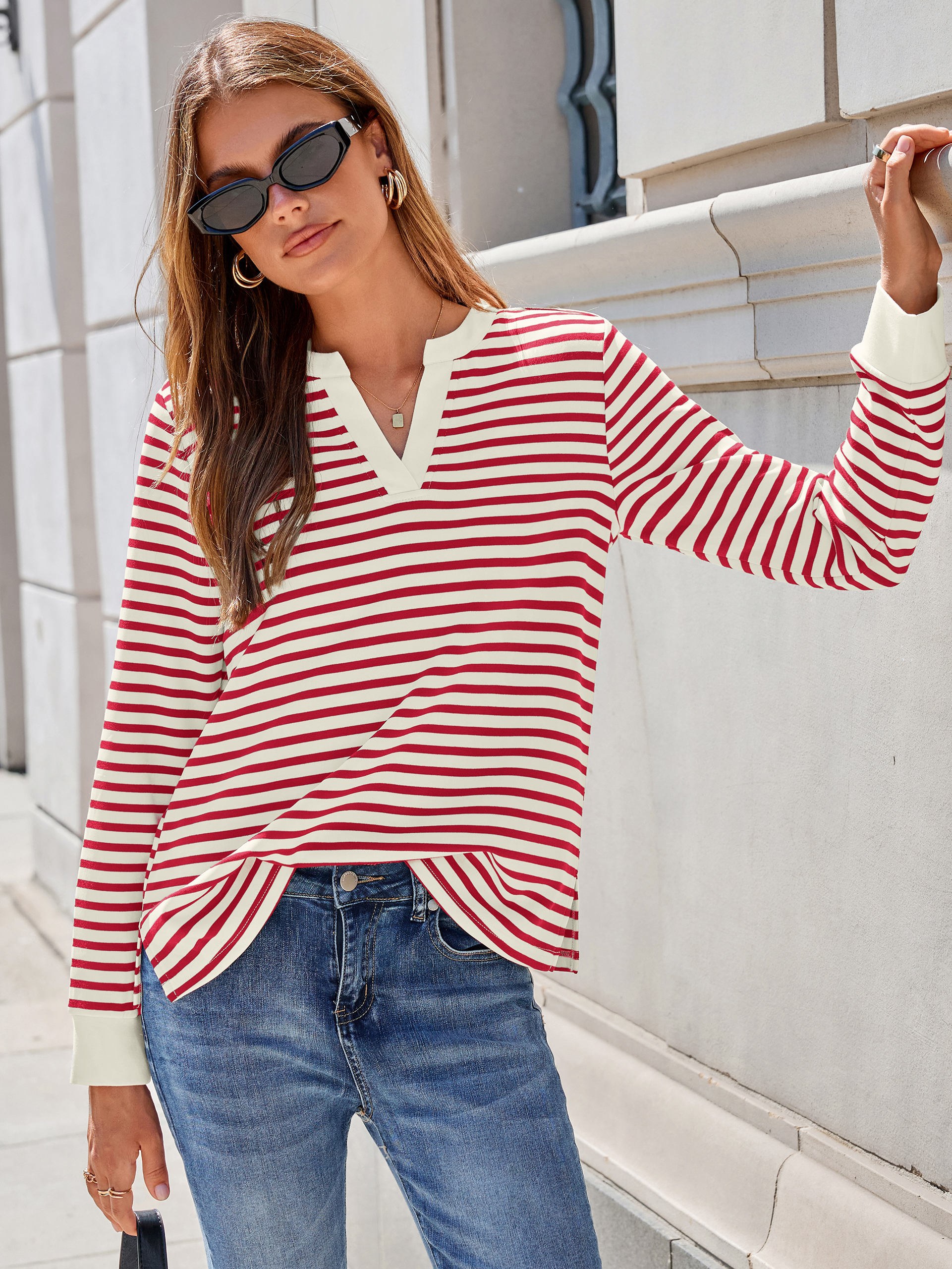 Striped Notch Neck Long Sleeve T-Shirt