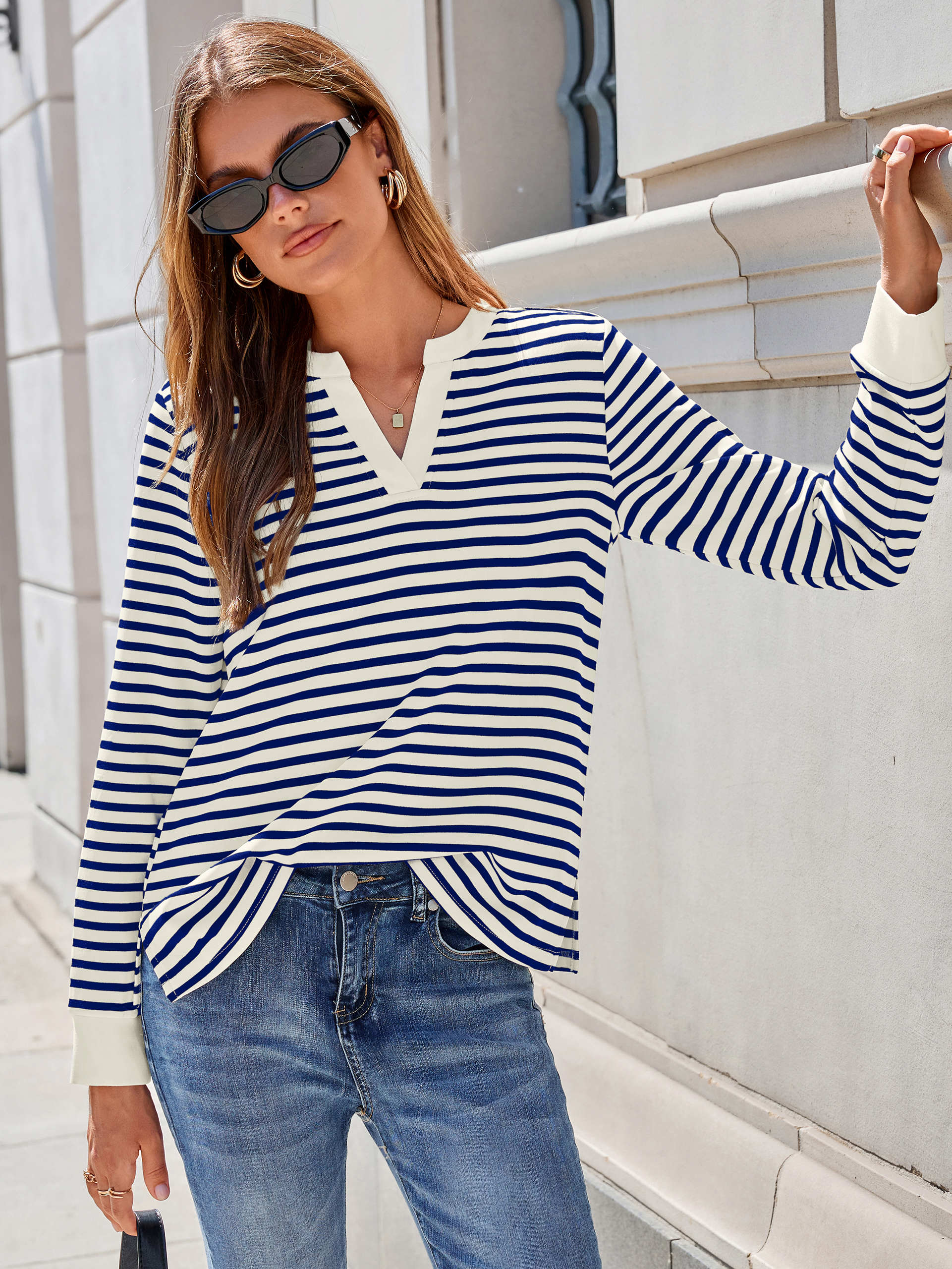 Striped Notch Neck Long Sleeve T-Shirt