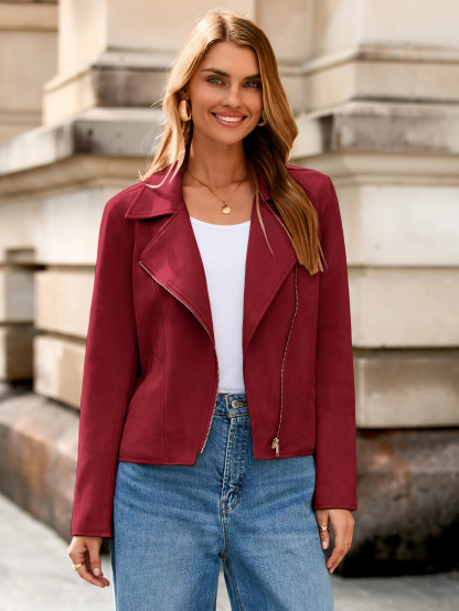 Faux Leather Biker Moto Cropped Jacket With Zipper - Wine Red