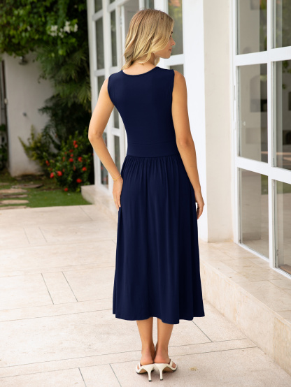 Sleeveless Smocked Ruched Boat Neck Maxi Dress - Navy Blue