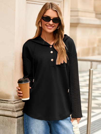 Oversized Long Sleeve Button Down Hoodies - Black