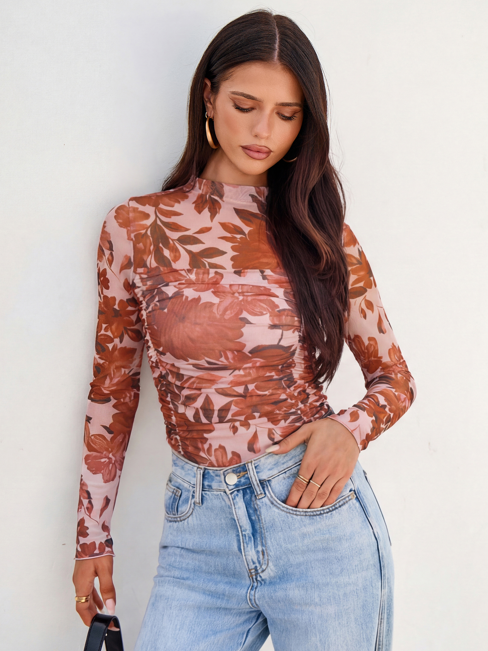 Floral Mock Neck Ruched Mesh Long Sleeve Top