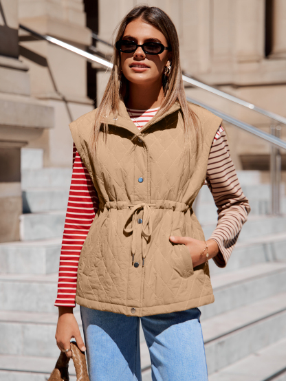 Quilted Drawstring High Waist Puffer Vest - Khaki