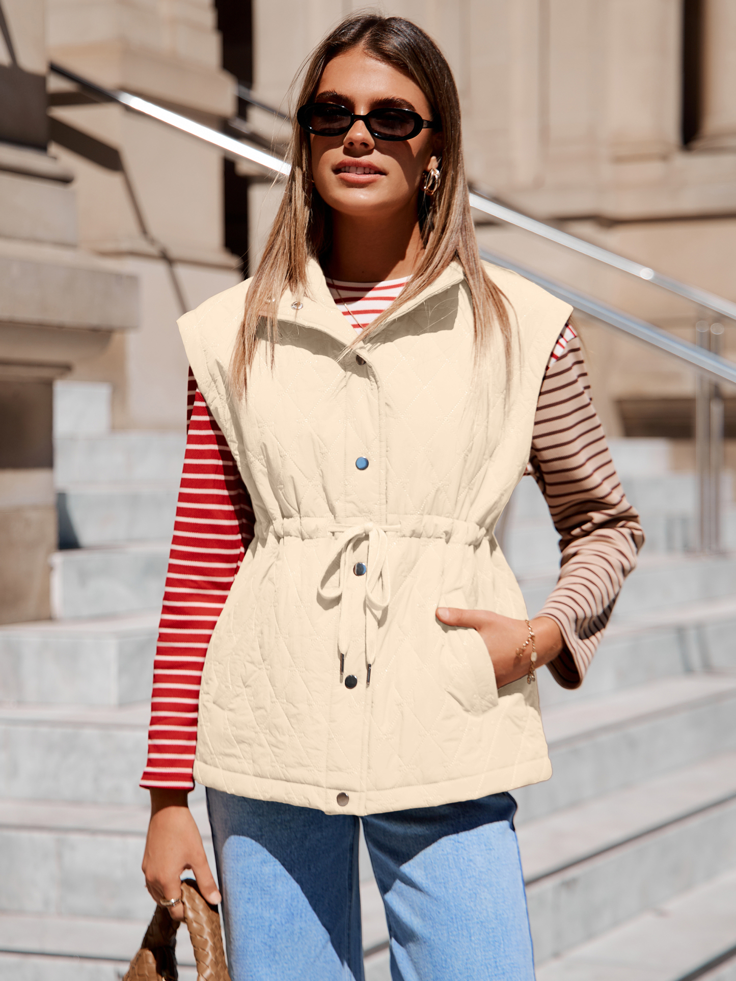 Quilted Drawstring High Waist Puffer Vest - Beige White